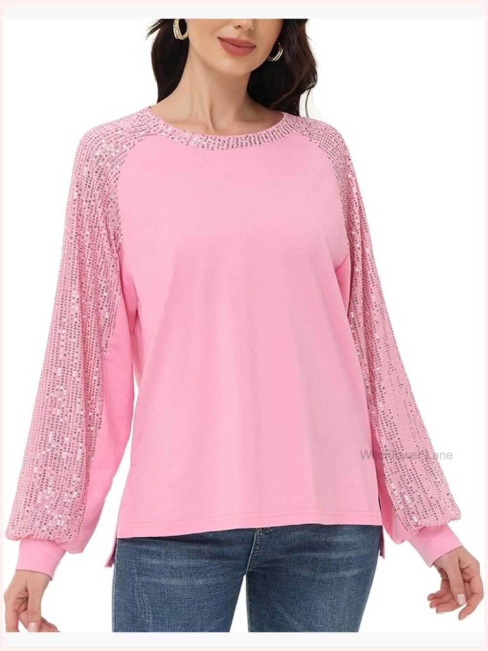 Sequined Long Sleeve Crew Neck Tunic Blouse Loose Fit Sparkly Top Party